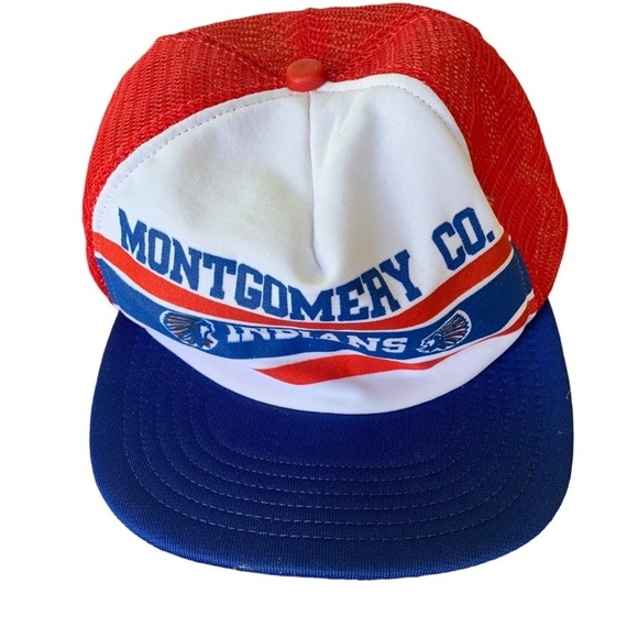 Vintage Montgomery County Indians Snapback Mesh Trucker Hat 80s 90s 3 Stripes - Picture 1 of 5